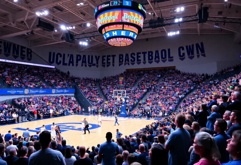 Fans cheering at a high school basketball game at Pauley Pavilion