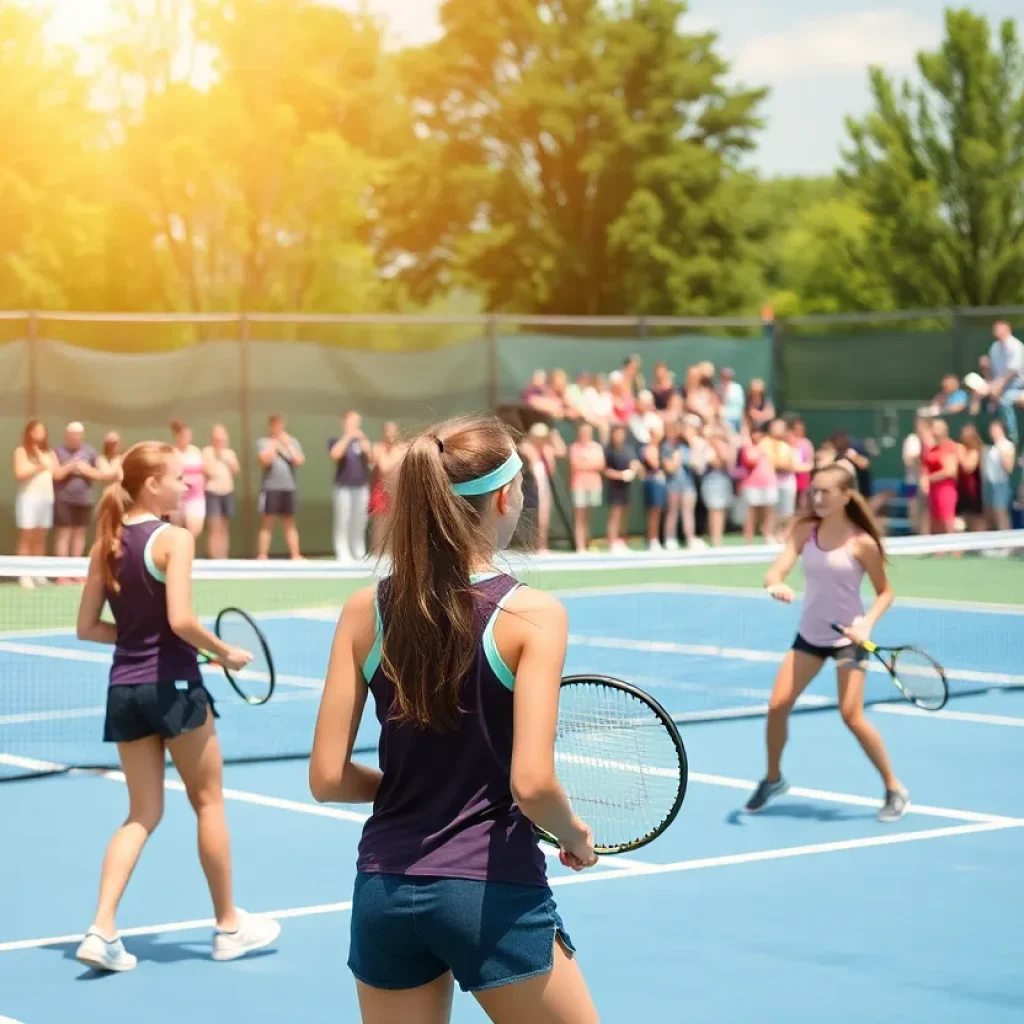Girls high school tennis players competing during a match