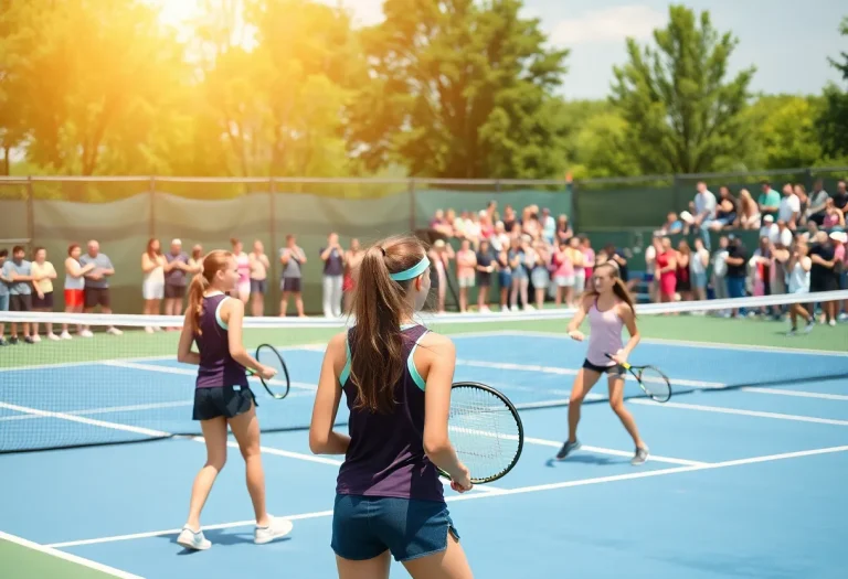 Girls high school tennis players competing during a match