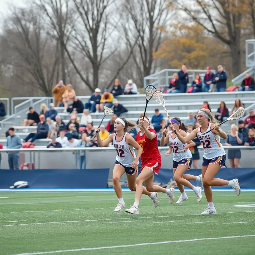 Young lacrosse players in action on the field during a match.