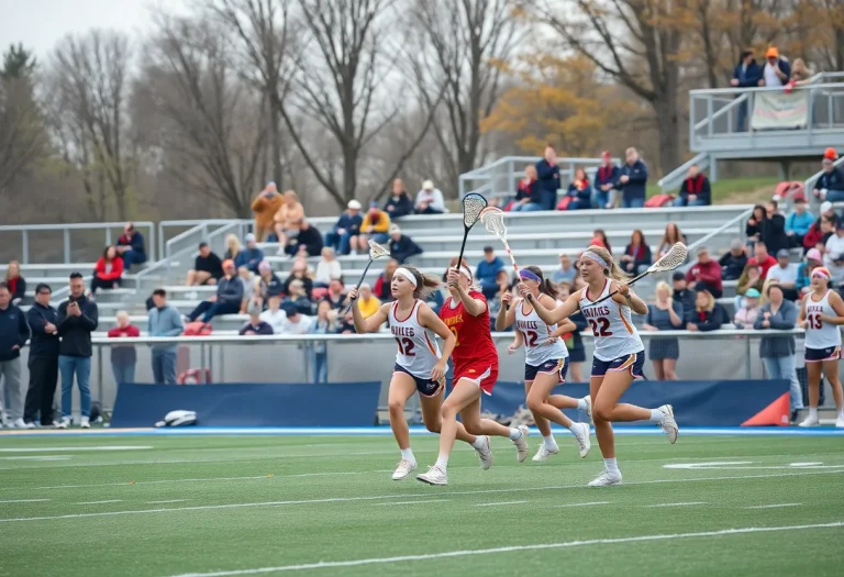 Young lacrosse players in action on the field during a match.