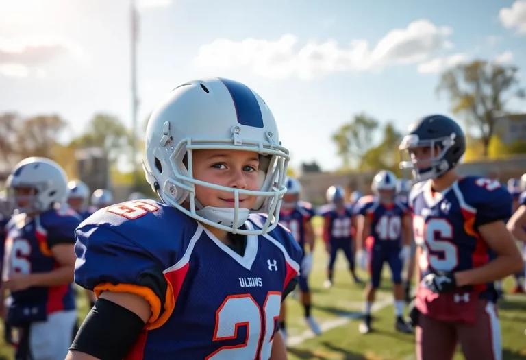 Young athlete in football gear at practice on a sunny day