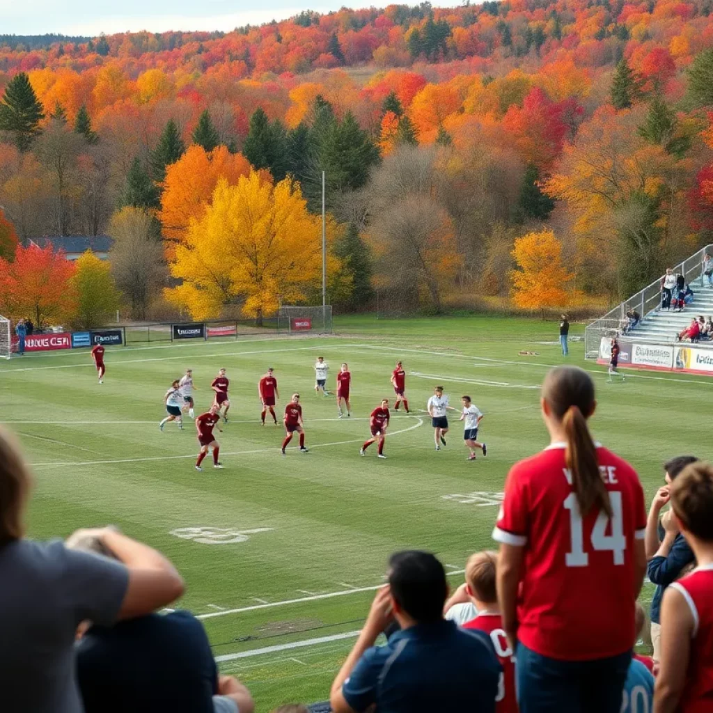 High school soccer players in Vermont during a fall match