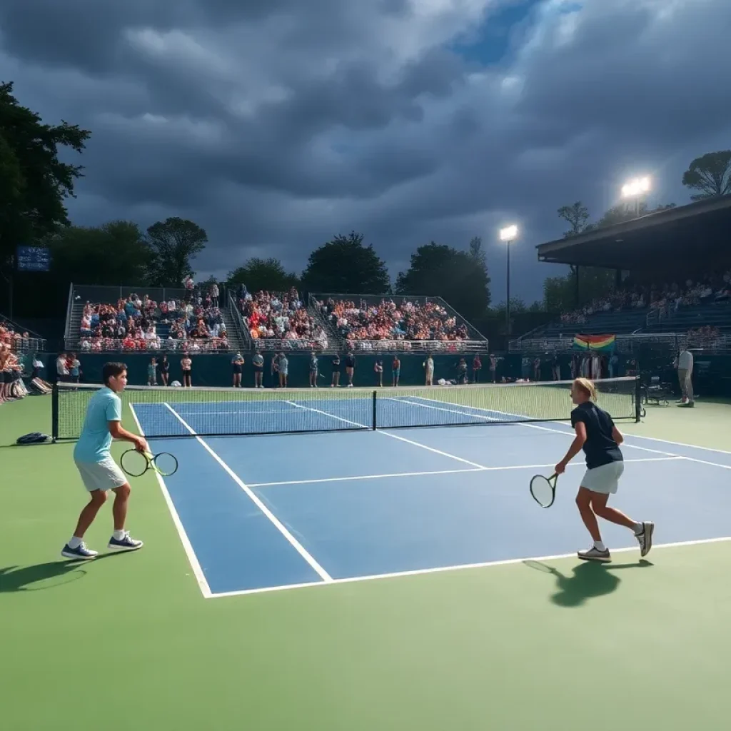 Students playing tennis on a high school court with supporters cheering in the background.