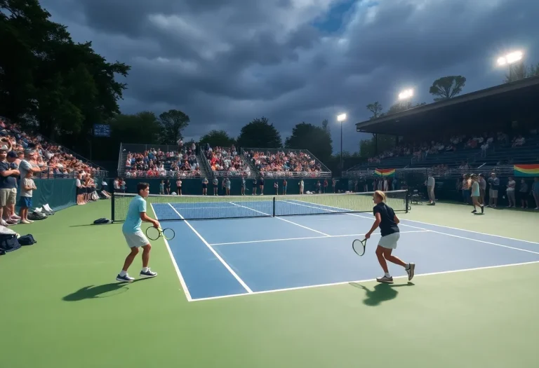 Students playing tennis on a high school court with supporters cheering in the background.