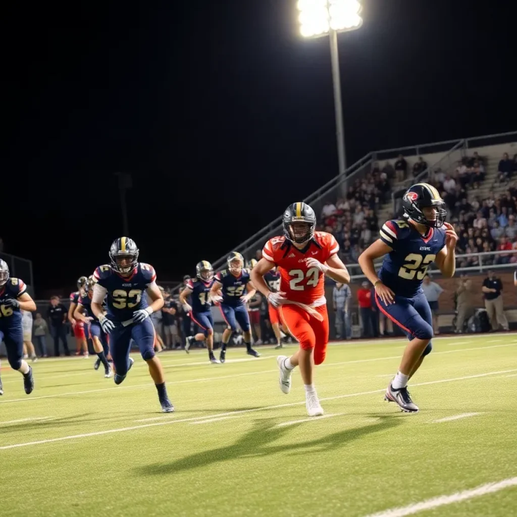 Waterloo high school football players competing against Civic Memorial under stadium lights