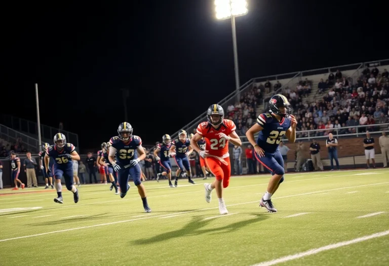Waterloo high school football players competing against Civic Memorial under stadium lights