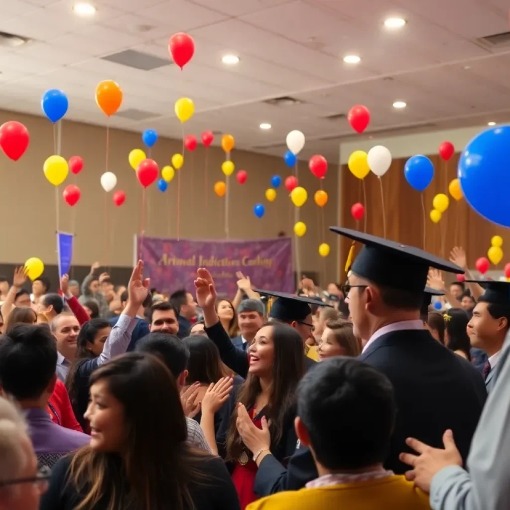 Crowd celebrating at an induction ceremony with vibrant decorations.