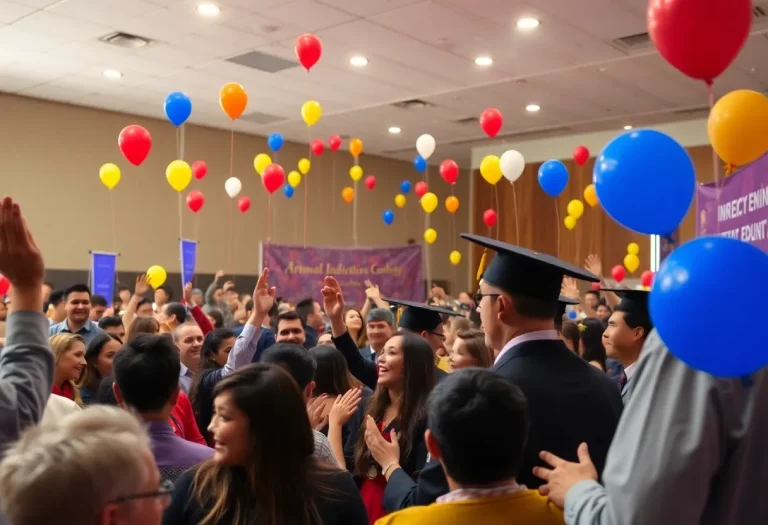 Crowd celebrating at an induction ceremony with vibrant decorations.