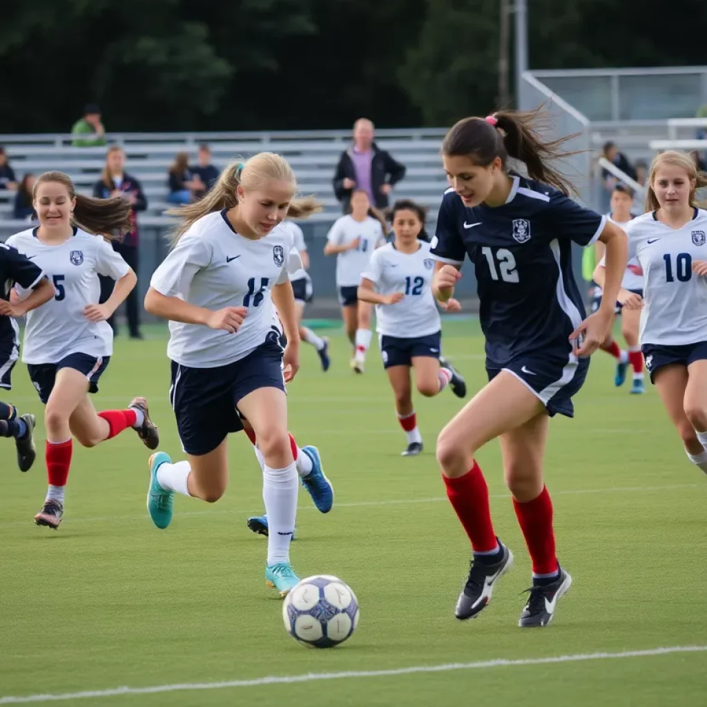 Players competing in a high school soccer match at Windsor