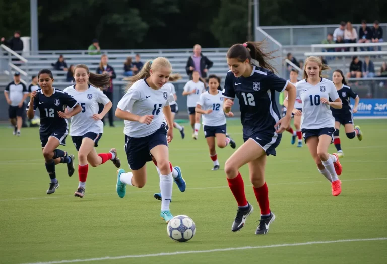Players competing in a high school soccer match at Windsor