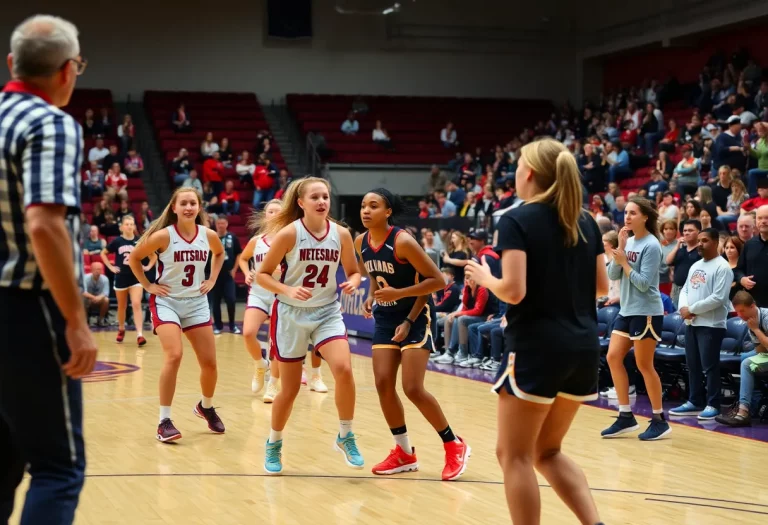 Young female athletes demonstrating basketball skills during a recruiting event.