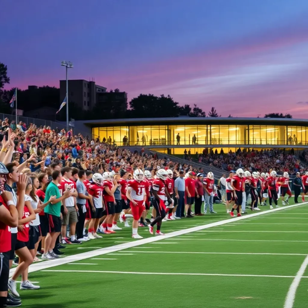 Players celebrating a touchdown during a high school football game