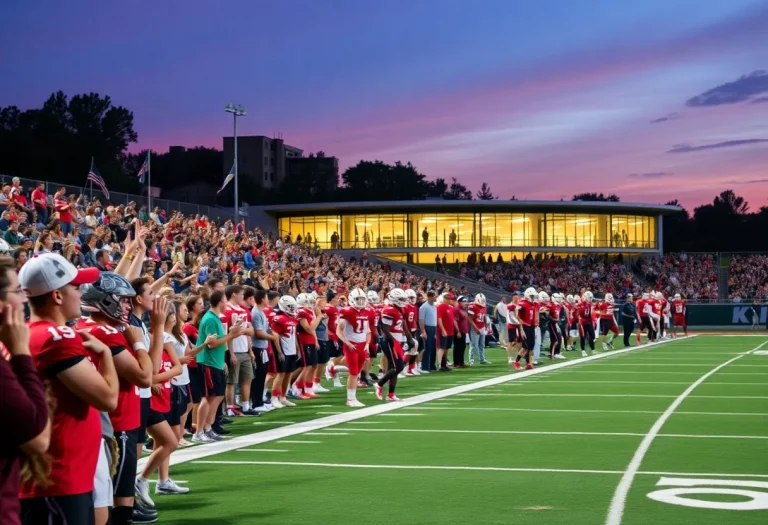 Players celebrating a touchdown during a high school football game
