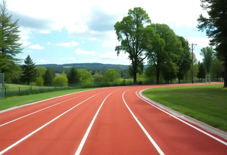 Scenic running track surrounded by trees.