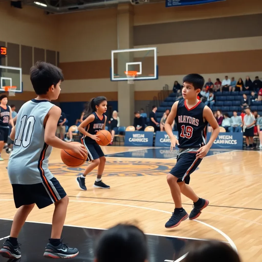 A busy basketball game with young players in action during an awards ceremony.