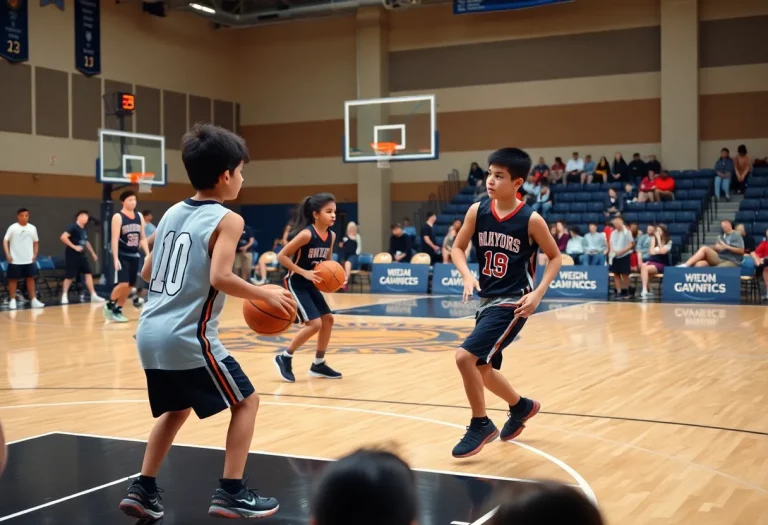 A busy basketball game with young players in action during an awards ceremony.