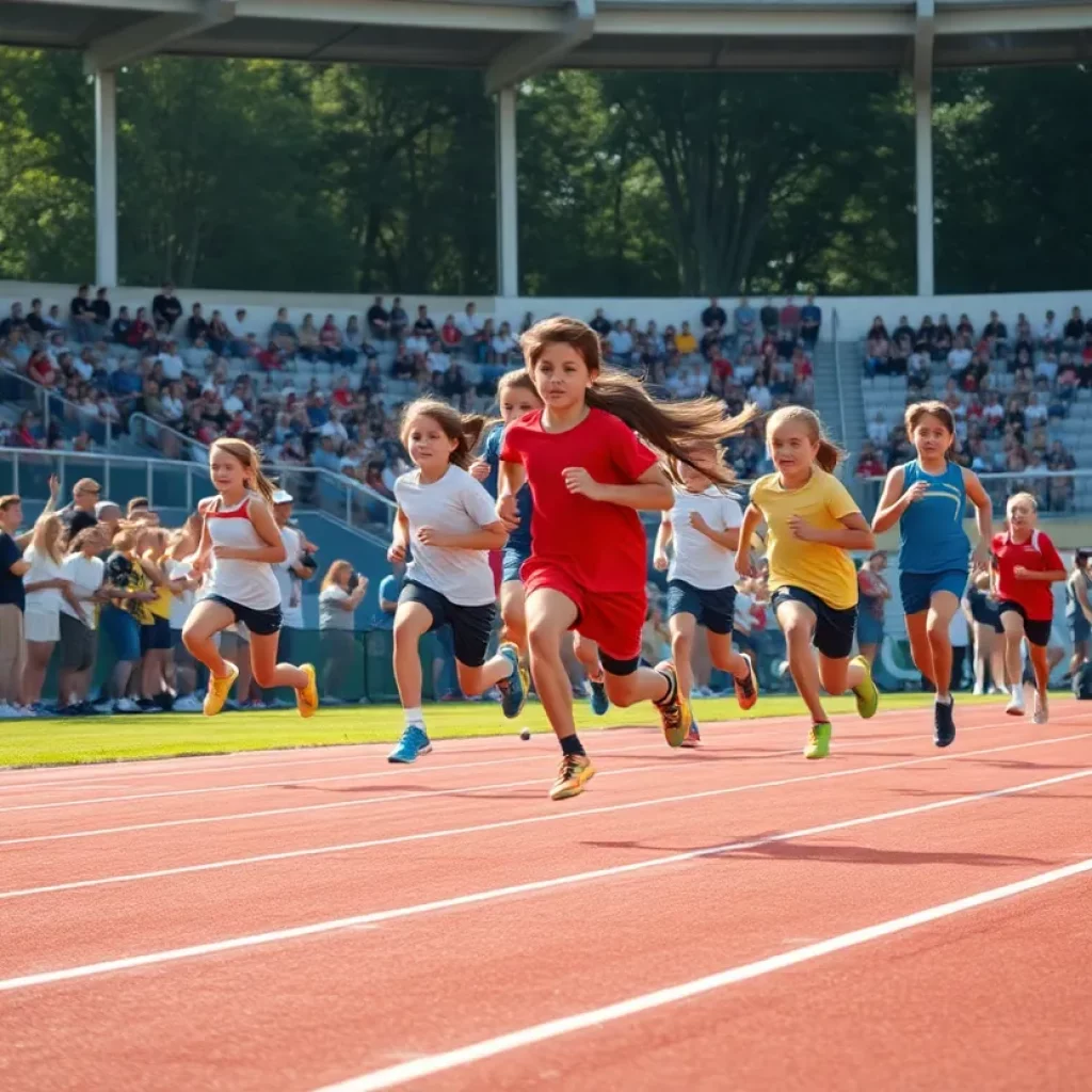 Track and field event showcasing young athletes competing energetically.