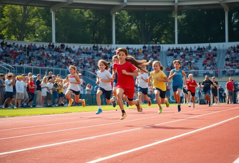 Track and field event showcasing young athletes competing energetically.
