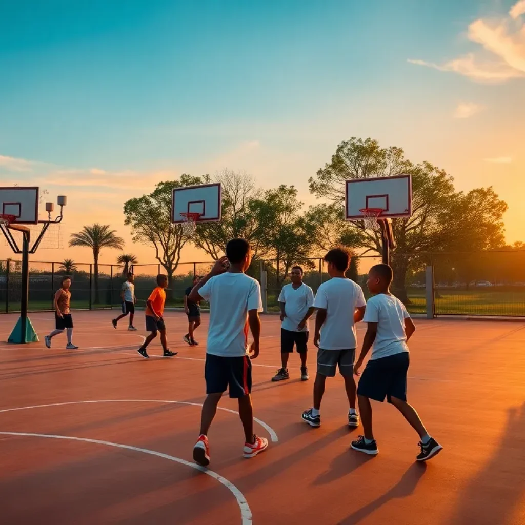 A youth basketball team practicing on an outdoor court during sunset.