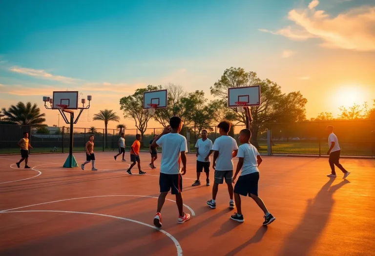 A youth basketball team practicing on an outdoor court during sunset.
