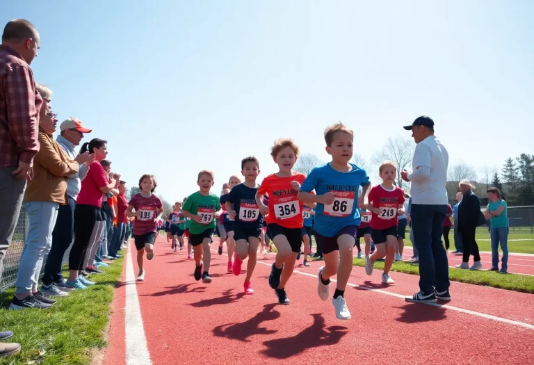 Children running on a track during the youth cross country program