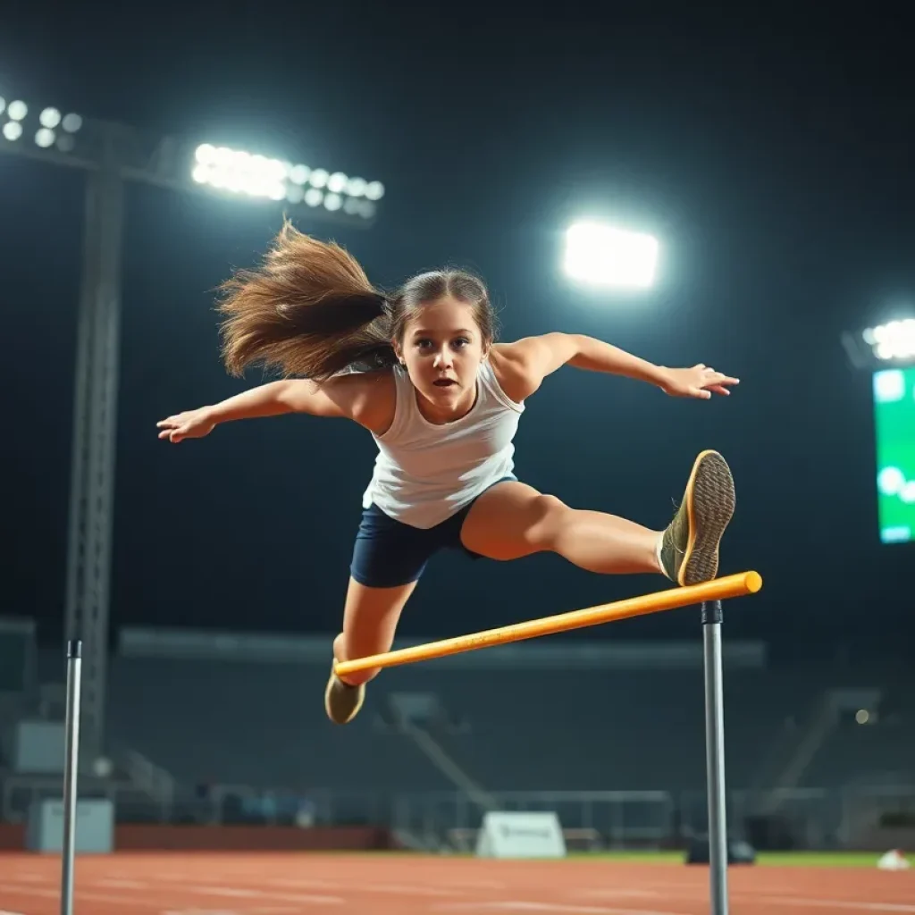 High school athlete in mid-air during a long jump competition