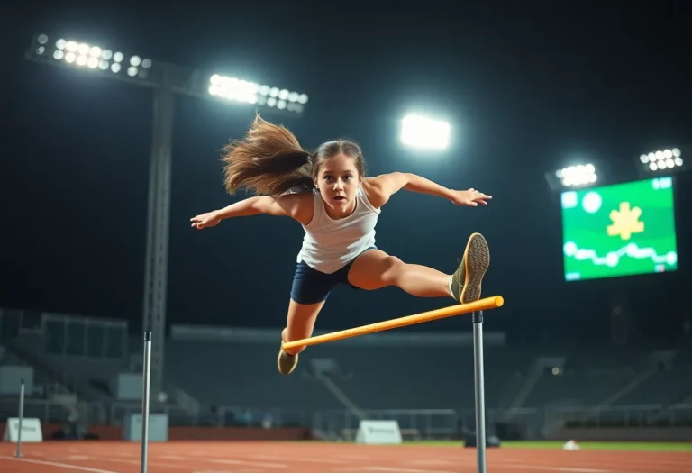 High school athlete in mid-air during a long jump competition