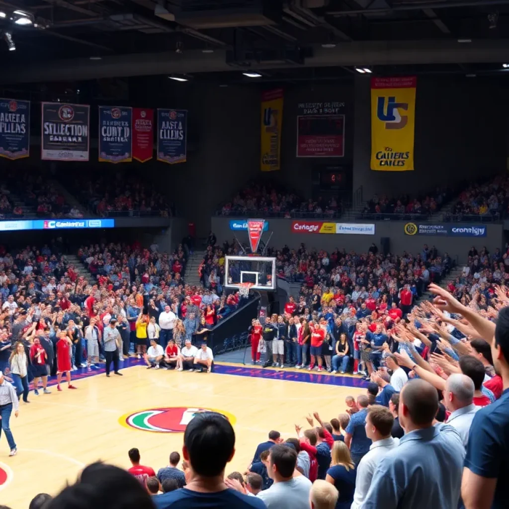 Basketball court selection day with excited fans.
