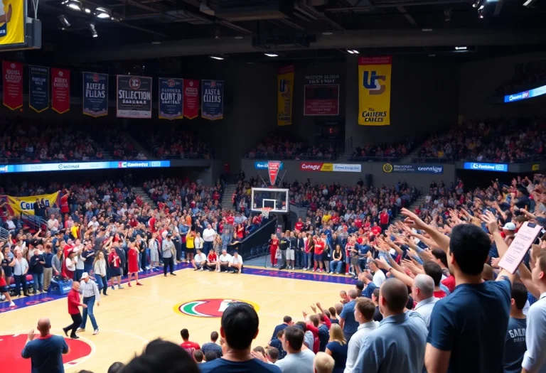 Basketball court selection day with excited fans.