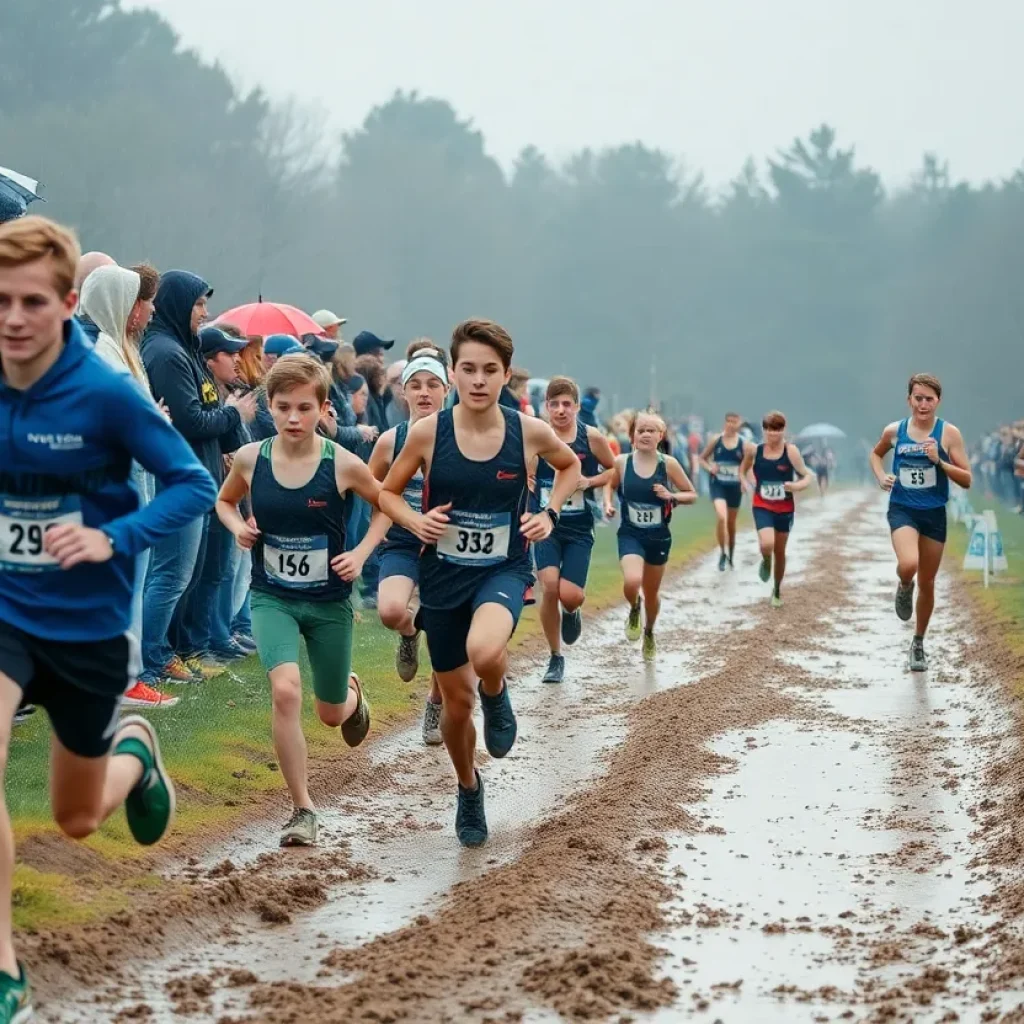 Alpena High School athletes competing in a cross-country race in rainy conditions.