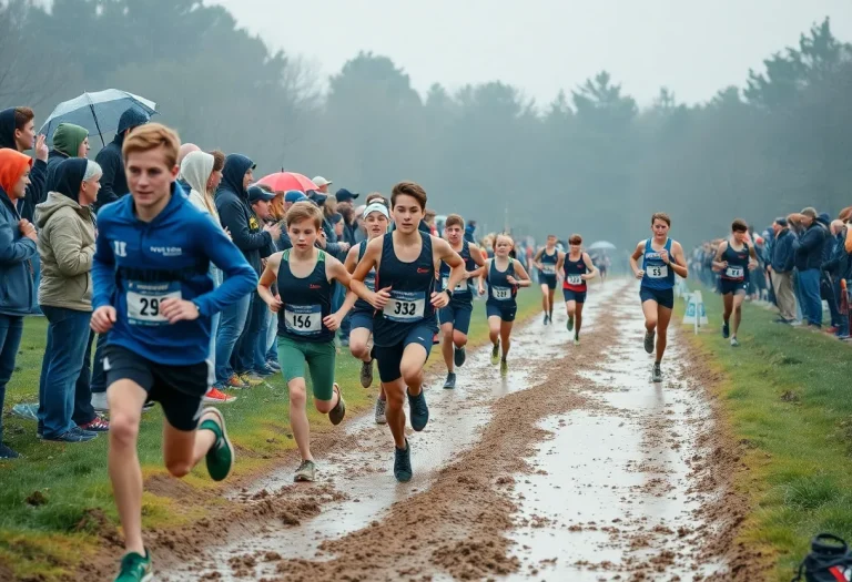 Alpena High School athletes competing in a cross-country race in rainy conditions.