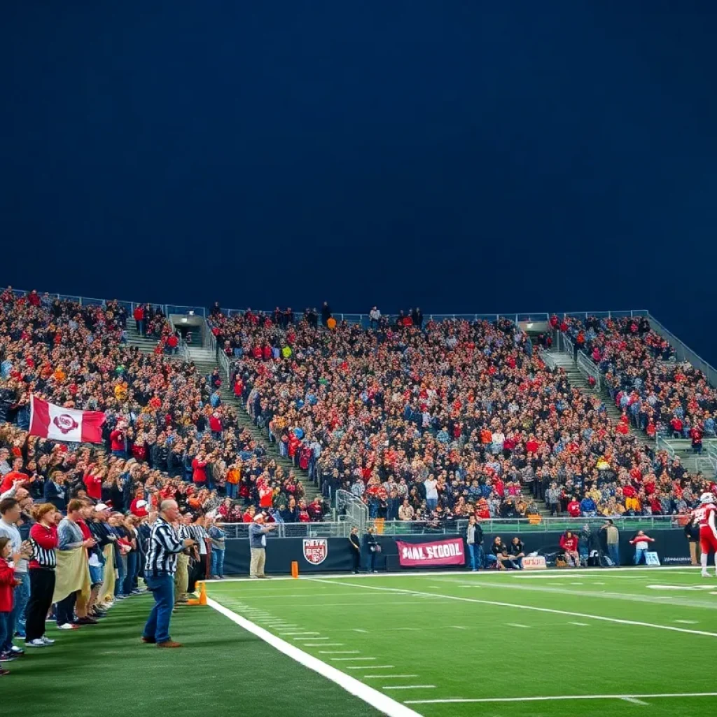 Fans passionately cheering during a high school football game in Anchorage.