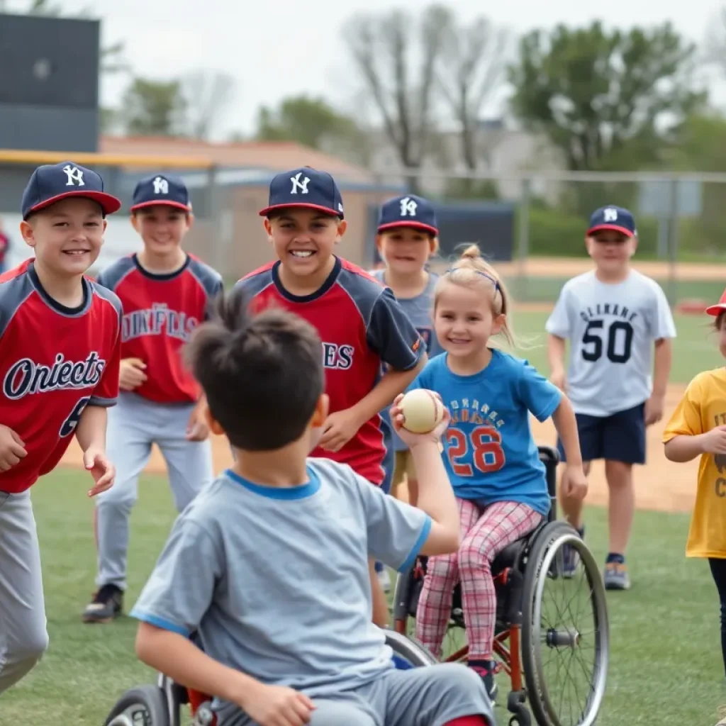 Athens High School baseball players volunteering with young athletes