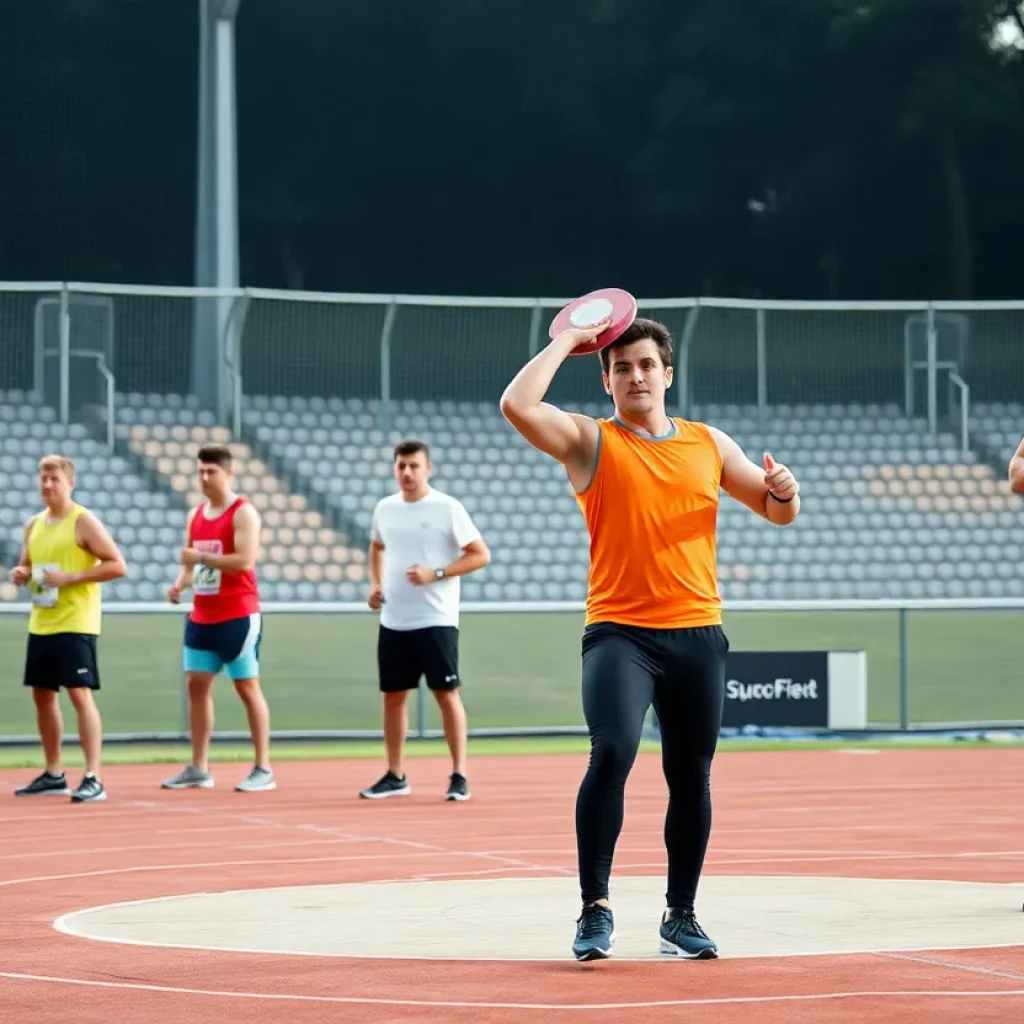 Athletes practicing discus throw at a training facility