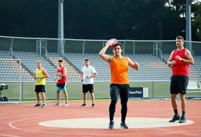 Athletes practicing discus throw at a training facility