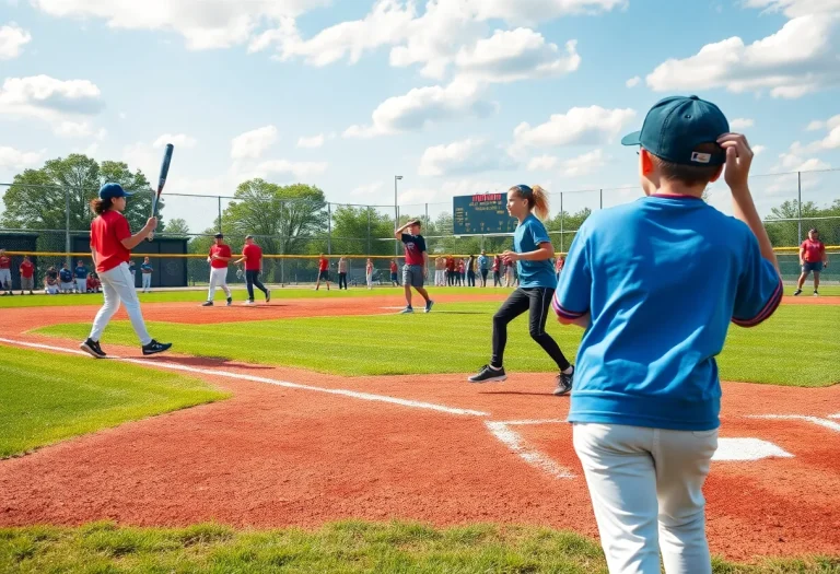 Freshly upgraded baseball field at Atlanta Public Schools with students playing