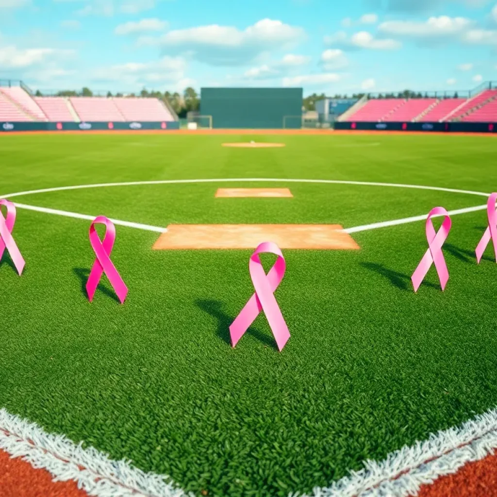 A baseball field adorned with pink ribbons for breast cancer awareness.