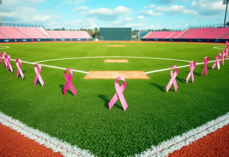 A baseball field adorned with pink ribbons for breast cancer awareness.