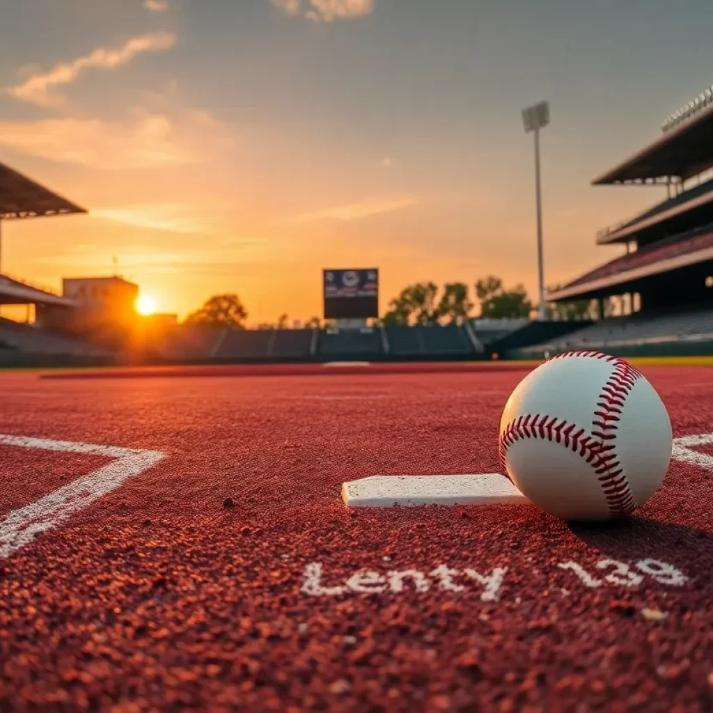 A serene baseball field at sunset representing the legacy of a beloved coach.
