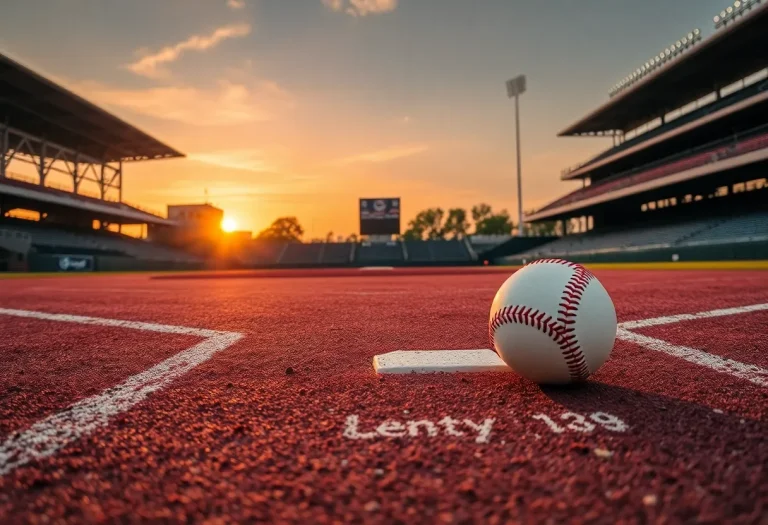 A serene baseball field at sunset representing the legacy of a beloved coach.