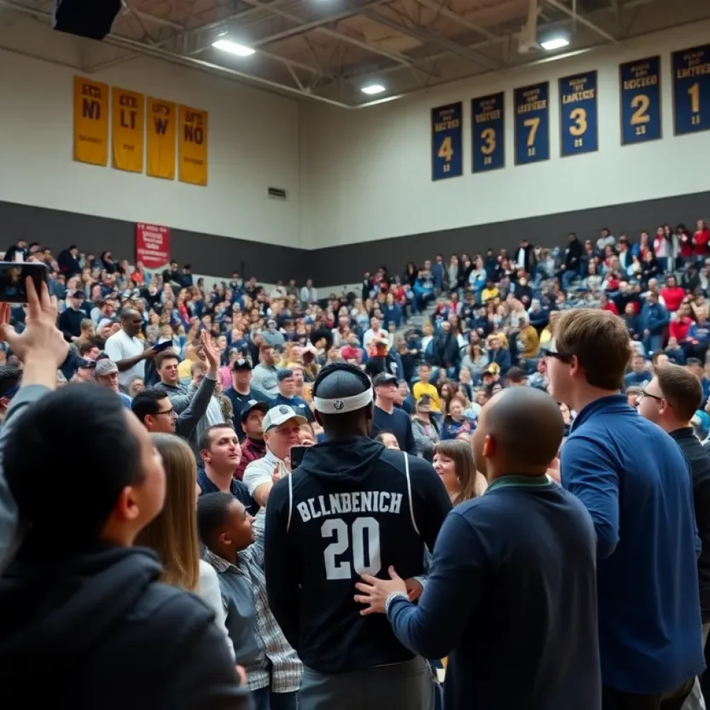 Crowd celebrating a basketball player's commitment in a high school gym.