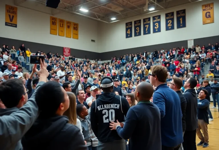 Crowd celebrating a basketball player's commitment in a high school gym.