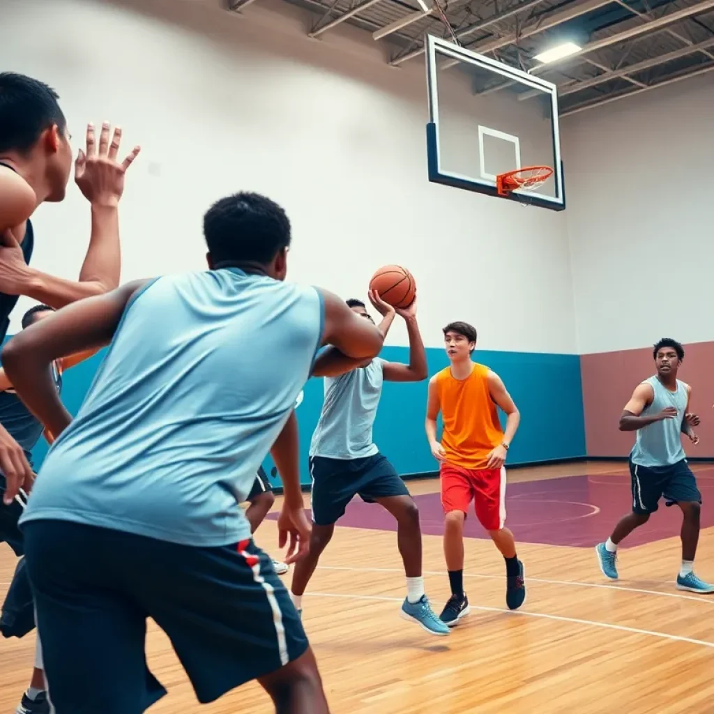 High school basketball players engaged in a training session on a court