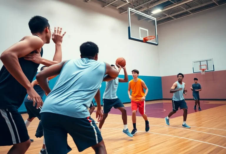 High school basketball players engaged in a training session on a court