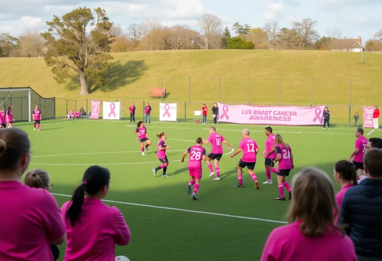 Soccer teams playing for breast cancer awareness at Beekmantown High School.
