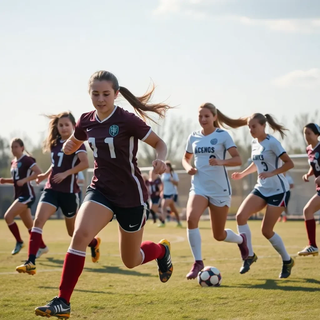 High school girls soccer match in action during the Bergen County tournament.