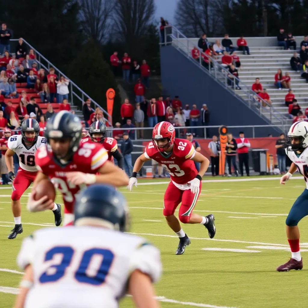 Bixby Spartans football players during a game, showcasing teamwork and competitiveness.