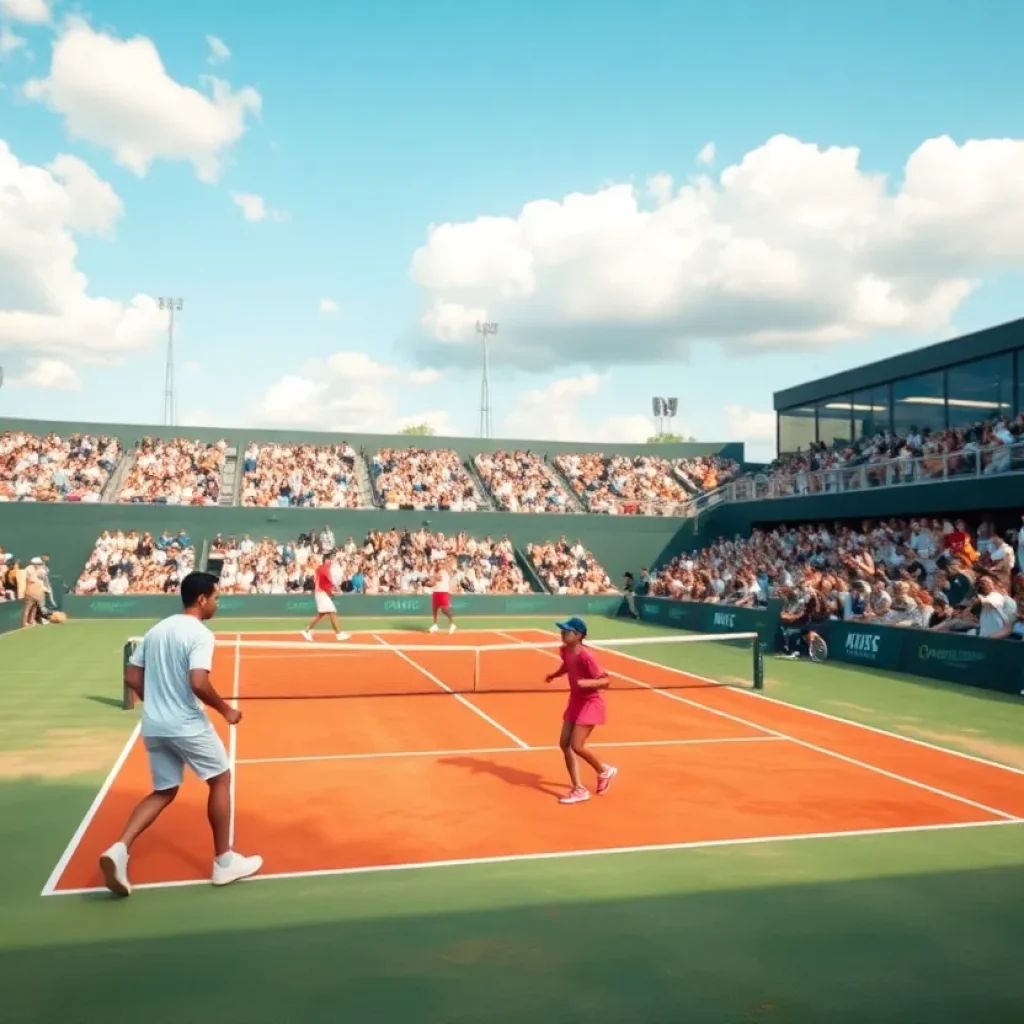 Tennis players competing in a district tournament at a lively tennis court.