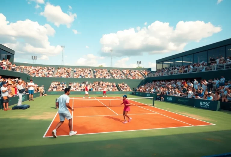 Tennis players competing in a district tournament at a lively tennis court.